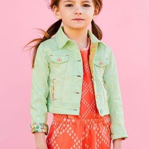 Matilda Jane Light Green Jean jacket with cream polka dots and floral detail